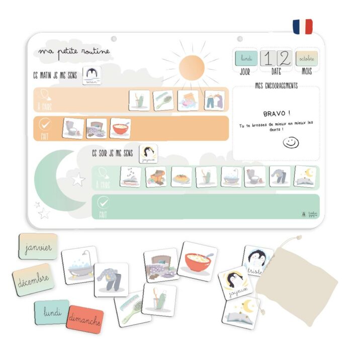 Kit complet Ma petite routine de l’Atelier Gigogne avec tableau magnétique, magnets émotions, jours, mois et pochon en coton.
