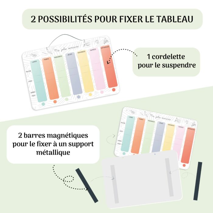 Tableau semainier enfant avec fixation murale cordelette et bandes magnétiques