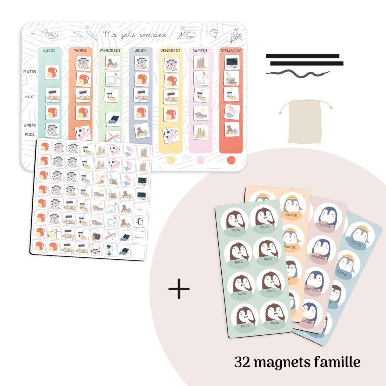 Semainier enfant avec 32 magnets famille pour visualiser les membres du foyer