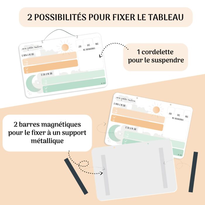 Système de fixation du tableau Ma petite routine avec cordelettes et barres magnétiques pour un usage mural ou sur support métallique.