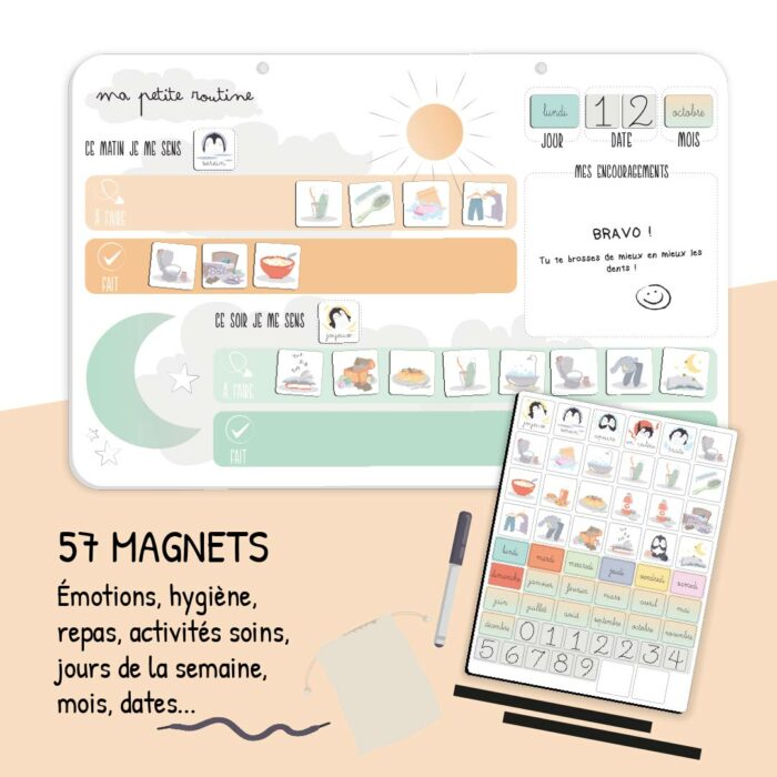 57 magnets illustrés pour créer la routine du matin et du soir, identifier les émotions et suivre les activités quotidiennes des enfants.