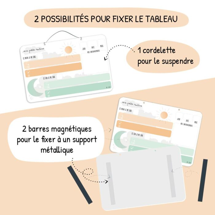 Tableau Ma petite routine avec double système de fixation : cordellette à suspendre ou barres magnétiques pour support métallique.