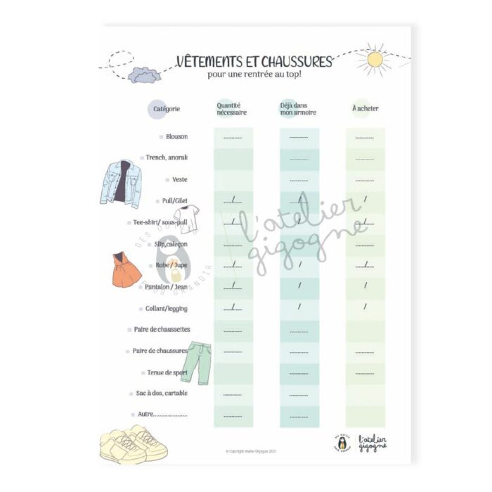liste vêtements et chaussures pour la rentrée