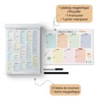 Kit Organisateur repas de l’Atelier Gigogne avec tableau magnétique effaçable, marqueur, listes de courses et barre magnétique pour planifier ses menus.