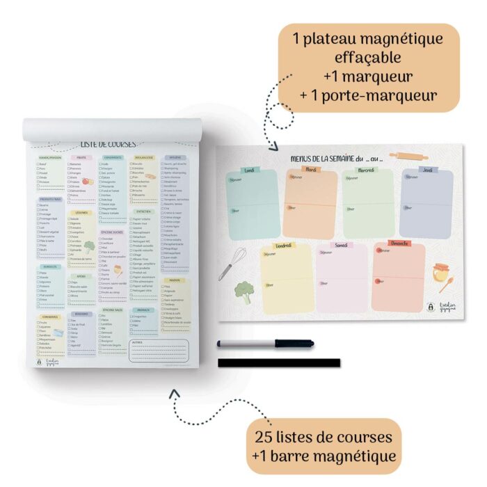 Kit Organisateur repas de l’Atelier Gigogne avec tableau magnétique effaçable, marqueur, listes de courses et barre magnétique pour planifier ses menus.
