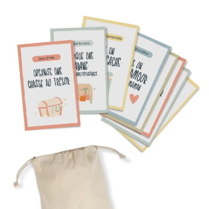 cartes d’activités anti-ennui enfants avec pochon en tissu