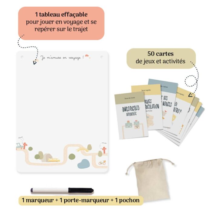 Kit Je m’amuse en voyage de l’Atelier Gigogne avec tableau effaçable, cartes d’activités, marqueur et pochon pour s’amuser sur la route.