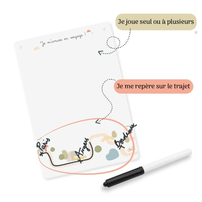Tableau effaçable du kit Je m’amuse en voyage de l’Atelier Gigogne permettant aux enfants de jouer et suivre le trajet en voiture.