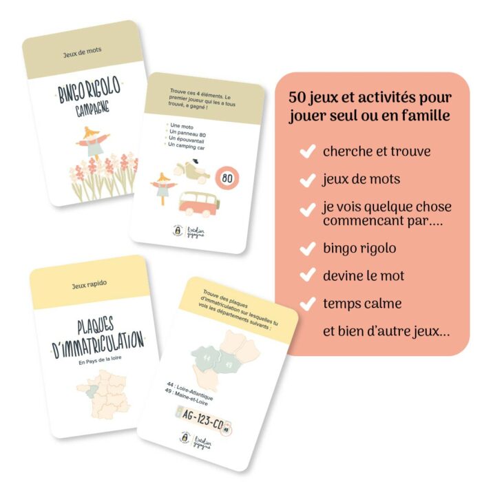 Cartes de jeux éducatifs du kit Je m’amuse en voyage de l’Atelier Gigogne, avec activités de mots, bingo et cherche et trouve.