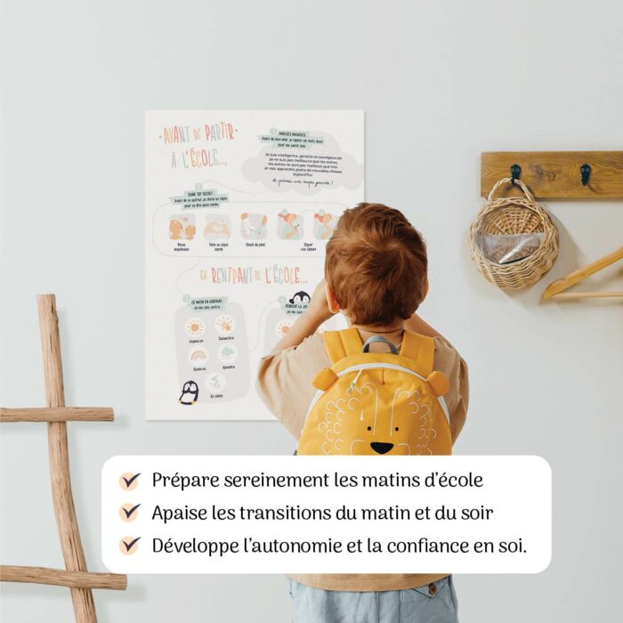 Enfant observant l’affiche En route pour l’école de l’Atelier Gigogne pour se préparer sereinement le matin et exprimer ses émotions en rentrant à la maison.
