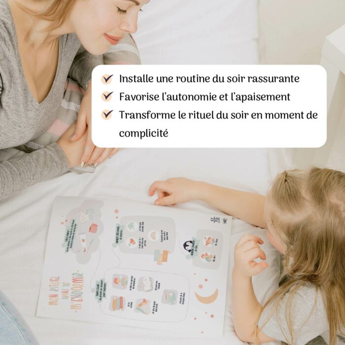 Maman et enfant observant ensemble l’affiche rituel du coucher, un repère visuel rassurant pour instaurer une routine du soir calme et complice.