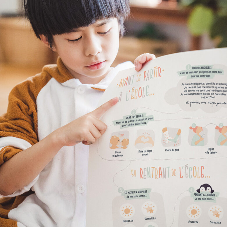 Enfant observant et lisant l’affiche En route pour l’école de l’Atelier Gigogne pour apprendre à gérer ses émotions avant et après la classe.