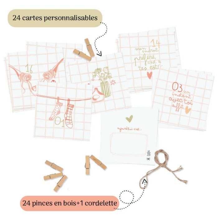 calendrier de l’avent couple atelier gigogne avec 24 cartes personnalisables, pinces en bois et cordelette décorative, idée cadeau romantique made in france