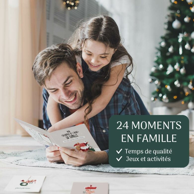 Calendrier de l’avent en famille – père et fille partageant un moment de complicité autour du livret d’activités de Noël.