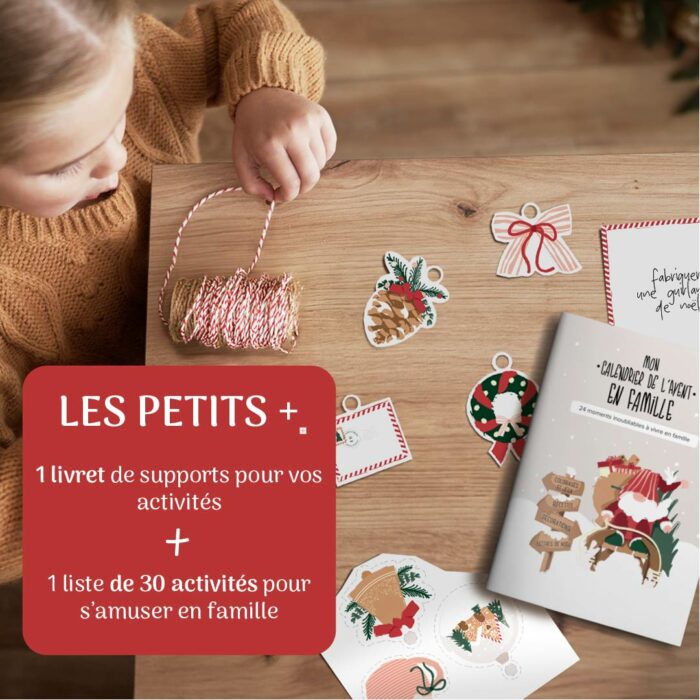 Calendrier de l’avent en famille – enfant préparant les activités de Noël avec cartes personnalisables et ficelle décorative.