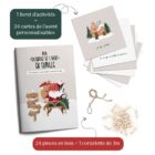 Coffret calendrier de l’avent en famille comprenant un livret d’activités, 24 cartes personnalisables, 24 pinces en bois et une cordelette de 3 mètres.