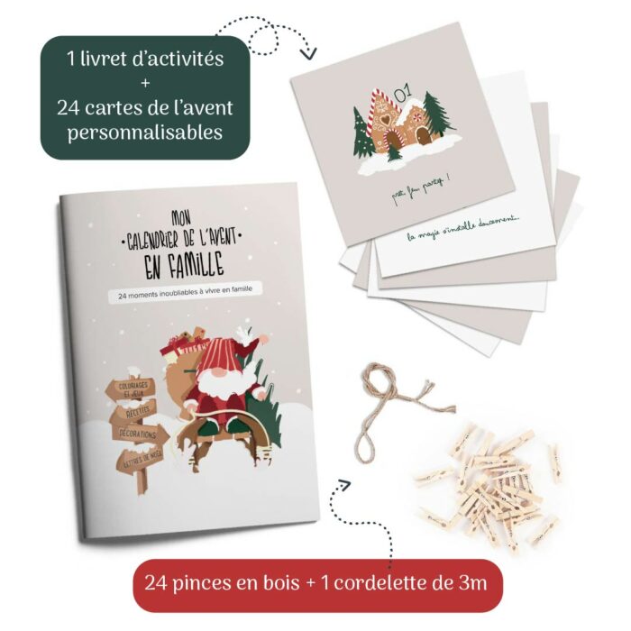 Coffret calendrier de l’avent en famille comprenant un livret d’activités, 24 cartes personnalisables, 24 pinces en bois et une cordelette de 3 mètres.