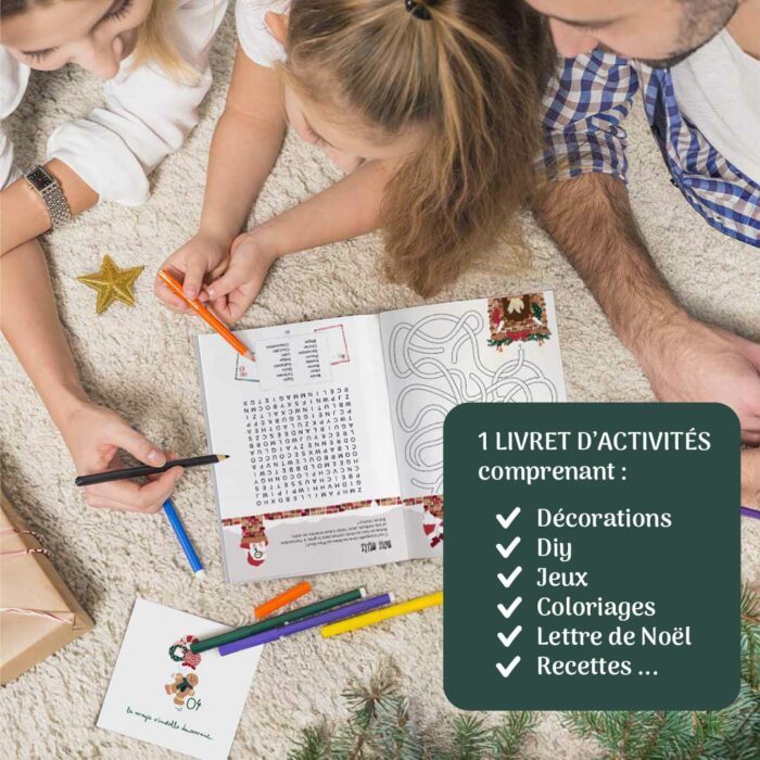 Famille partageant une activité du calendrier de l’avent en famille : coloriage, jeux et bricolages de Noël.