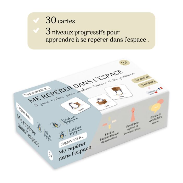 Boîte du jeu éducatif “Me repérer dans l’espace” – 30 cartes et 3 niveaux pour apprendre les positions spatiales avec Augustin le pingouin.
