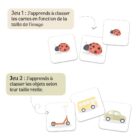 Jeu éducatif Atelier Gigogne pour apprendre à classer des objets par ordre de taille, avec cartes de coccinelles et cartes de véhicules pour développer la perception visuelle et la notion de grandeur.