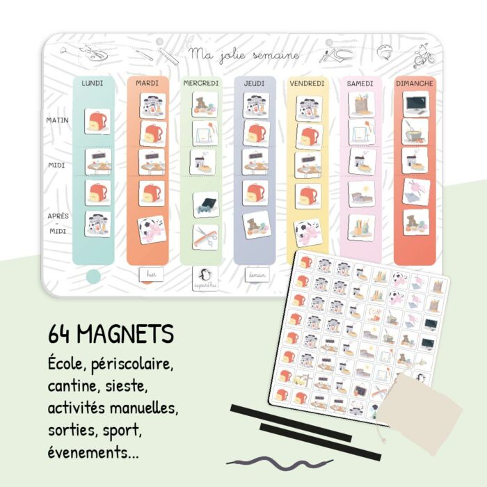 64 magnets colorés représentant les activités du quotidien pour aider les enfants à se repérer dans le temps.