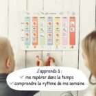 Enfants utilisant le semainier magnétique Ma jolie semaine de l’Atelier Gigogne pour apprendre à se repérer dans le temps et comprendre le rythme de la semaine.
