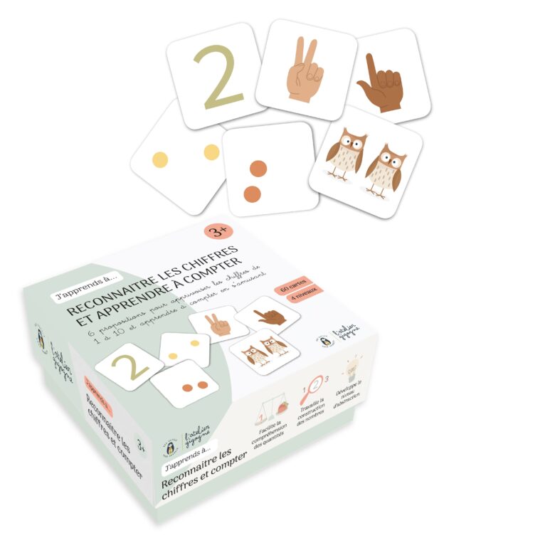 Jeu éducatif pour reconnaître les chiffres et apprendre à compter de 1 à 10 avec cartes illustrées, dès 3 ans.