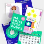 Contenu complet de la boîte stop pouce avec cartes, stickers et supports éducatifs