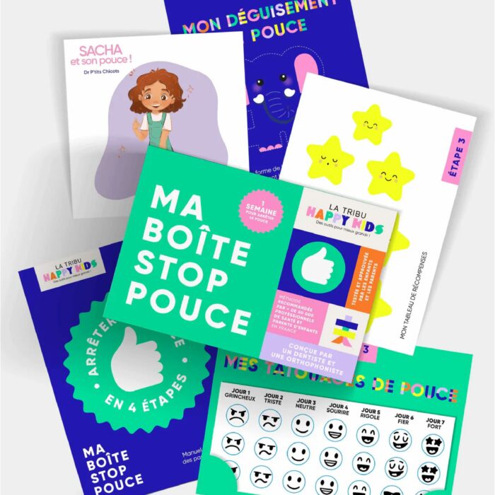 Contenu complet de la boîte stop pouce avec cartes, stickers et supports éducatifs