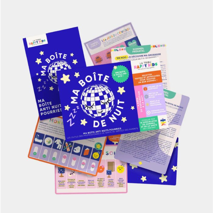 Contenu de Ma Boîte de Nuit avec cartes, rituels, carnet de sommeil et outils pour accompagner le sommeil de l’enfant.