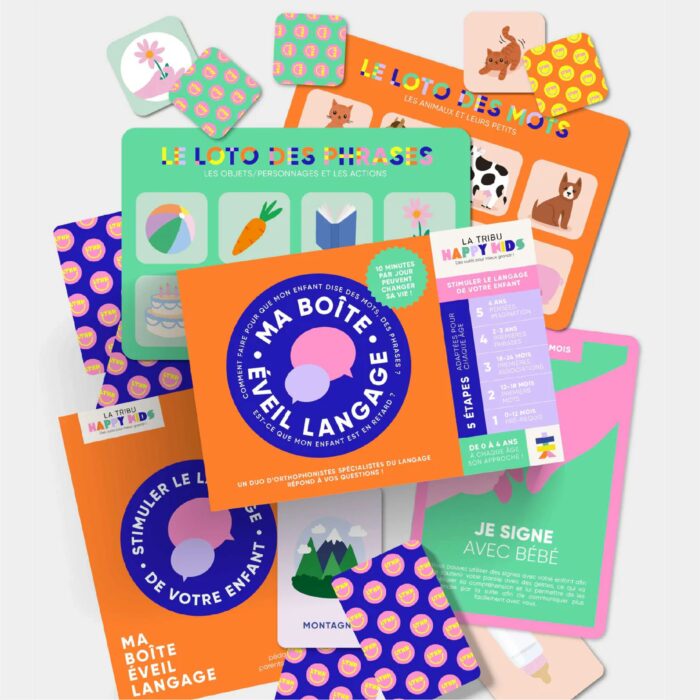 Contenu de Ma Boîte Éveil Langage avec cartes, jeux et supports pédagogiques